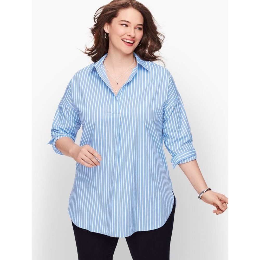 Talbots Womens Popover Top 1XP Blue White Striped Cotton Coastal Old Money Prep